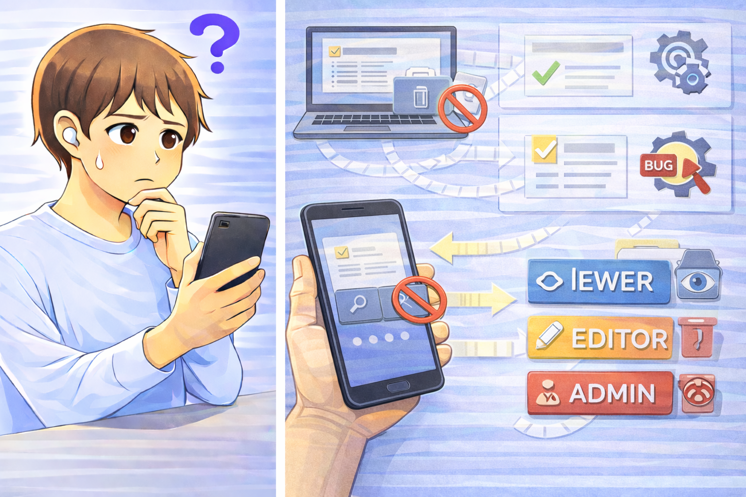 PCやスマートフォンで閲覧はできるが編集や削除ボタンが表示されていない画面と、原因を考えている男性のイラスト