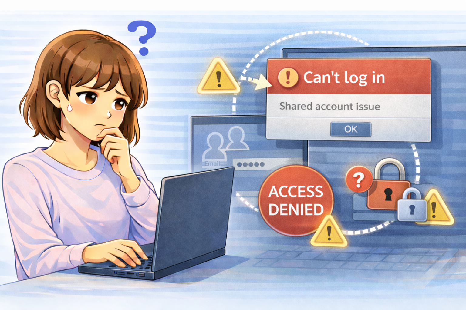 共有アカウントを使用中にログインできず、PC画面を前に考え込む女性とアクセス制限を示す画面表示のイラスト