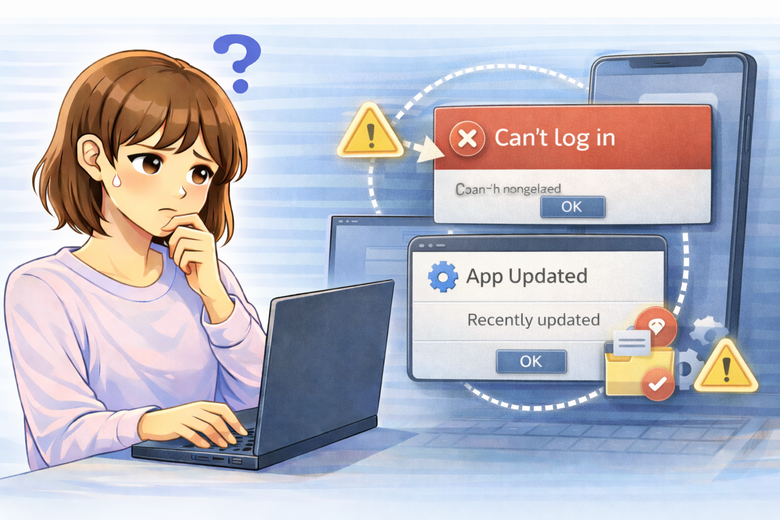 アプリ更新後にログインできず、PCを操作しながら考え込む女性と再認証やエラー表示が出ている画面のイラスト