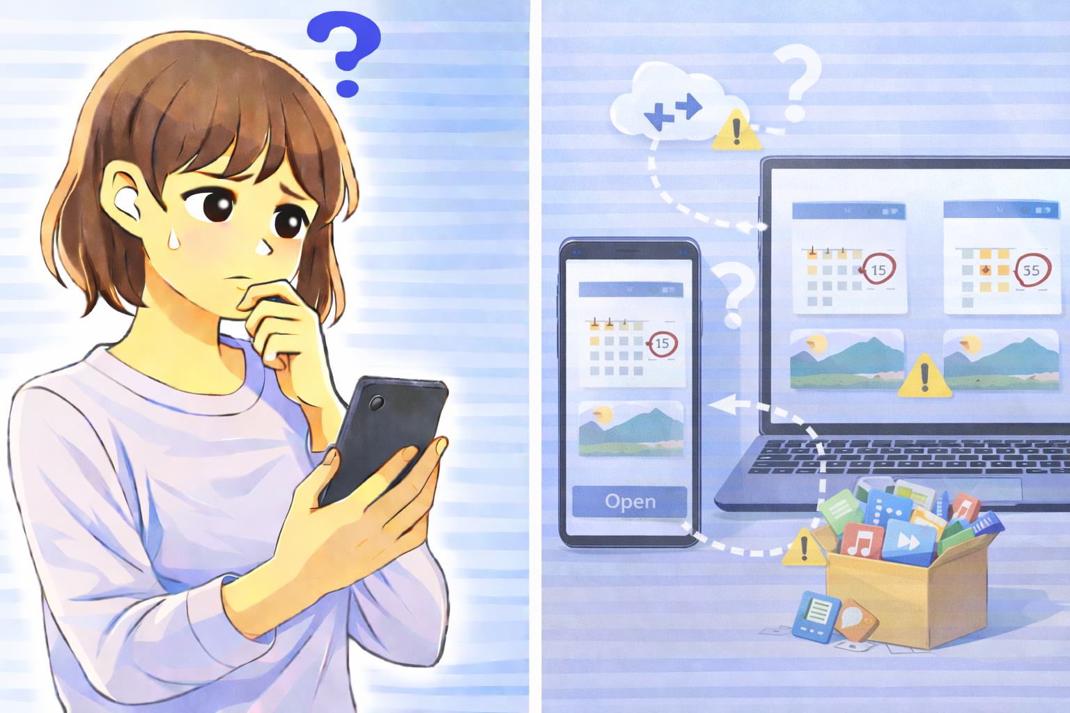 スマホとPCでデータが同期されず表示が異なり、端末を見比べながら原因を考えている女性と同期ズレを示す画面のイラスト