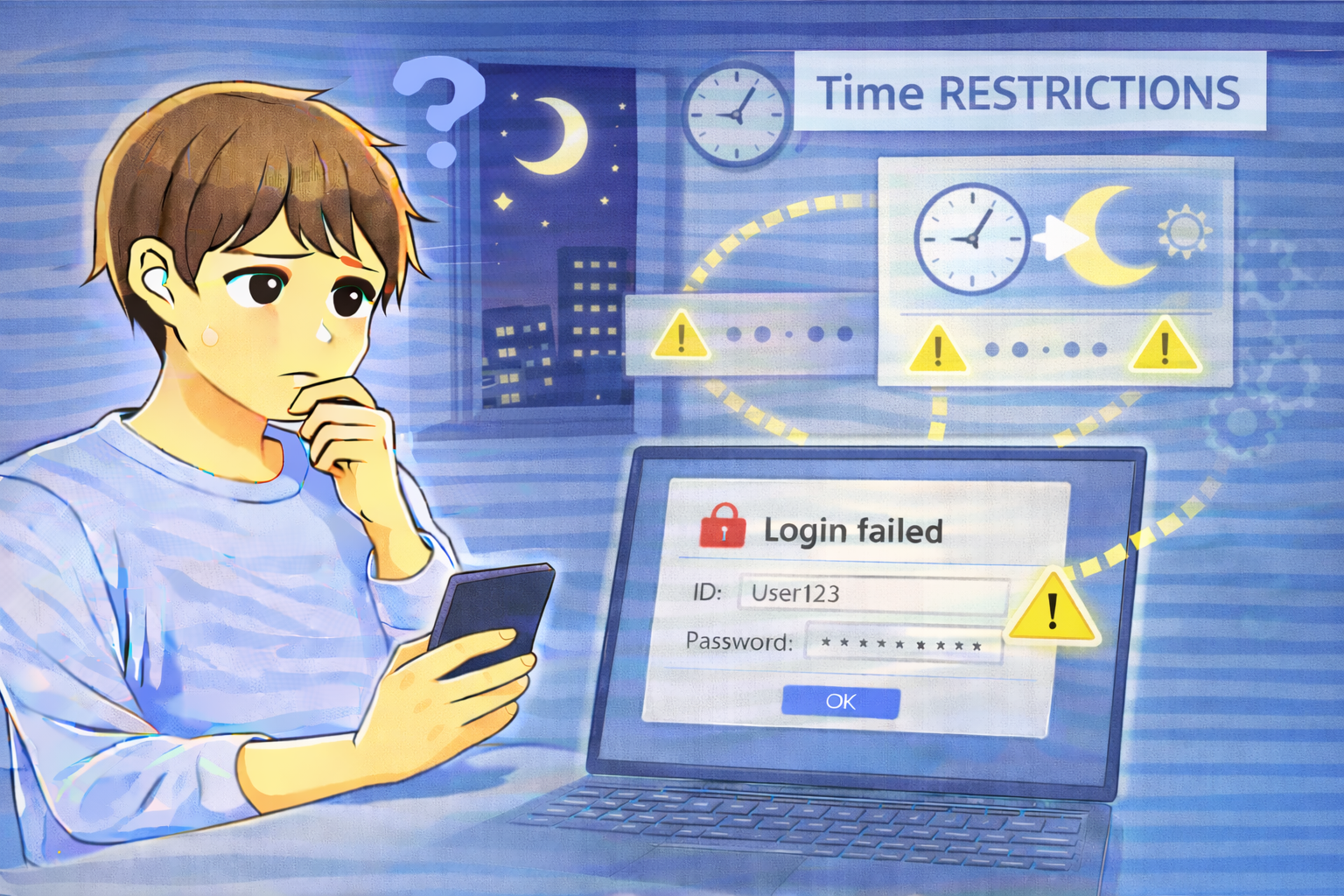 深夜や早朝の時間帯にログインできず、時間制限の影響を考えながらPCとスマートフォンを操作している人物のイラスト