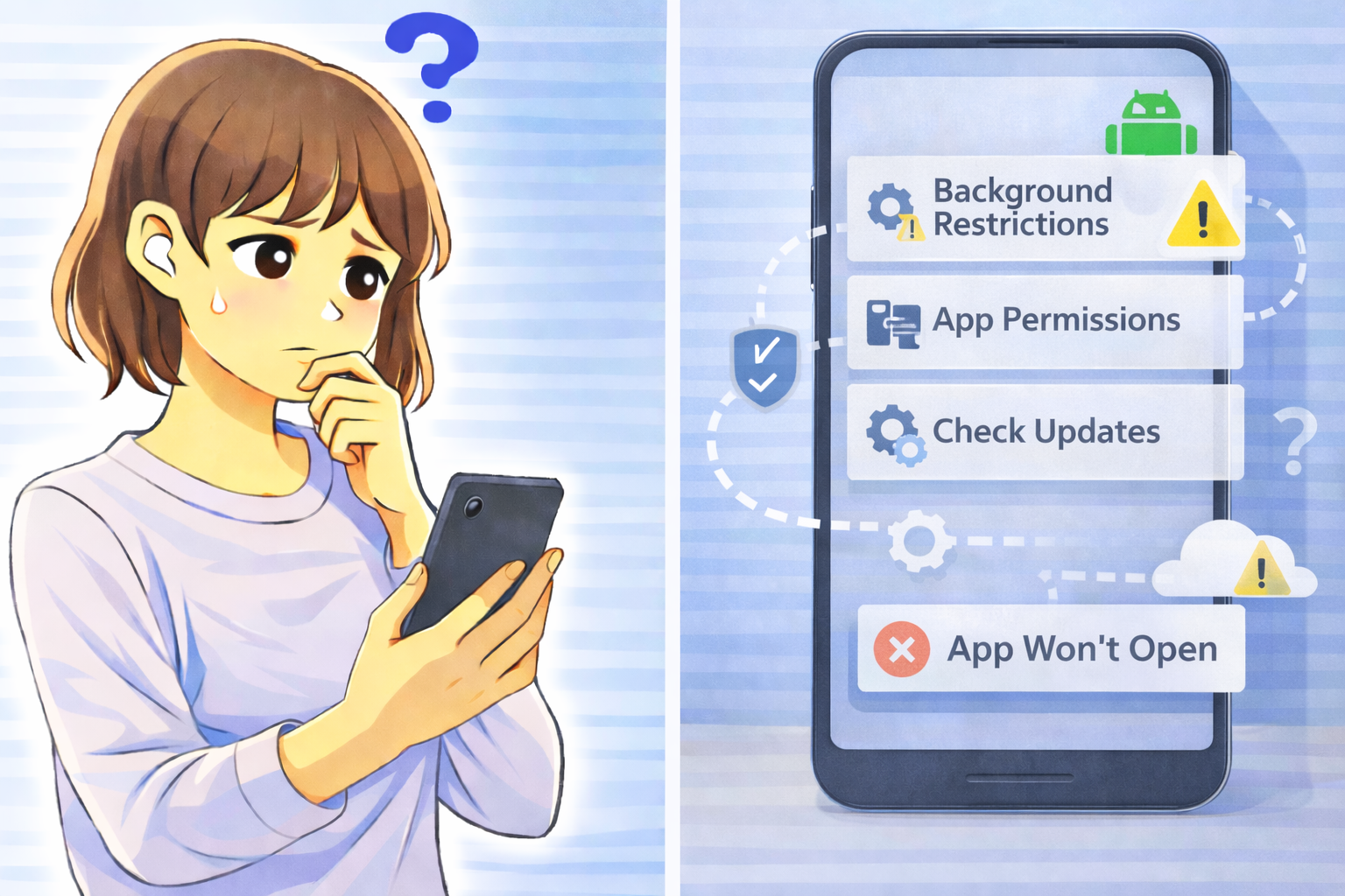 Androidスマホでアプリが起動せず、端末を見ながら原因を考えている女性と、権限や設定を示す画面のイラスト