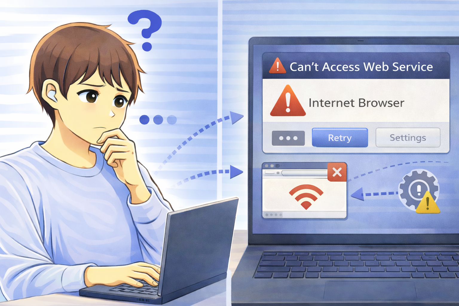 Webサービスにアクセスできず原因を考えながらノートPCを操作する男性と、通信や設定のエラー状態を示す画面イメージ